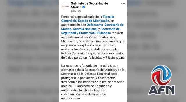 Suman cinco muertos por explosión de un coche-bomba en Michoacán