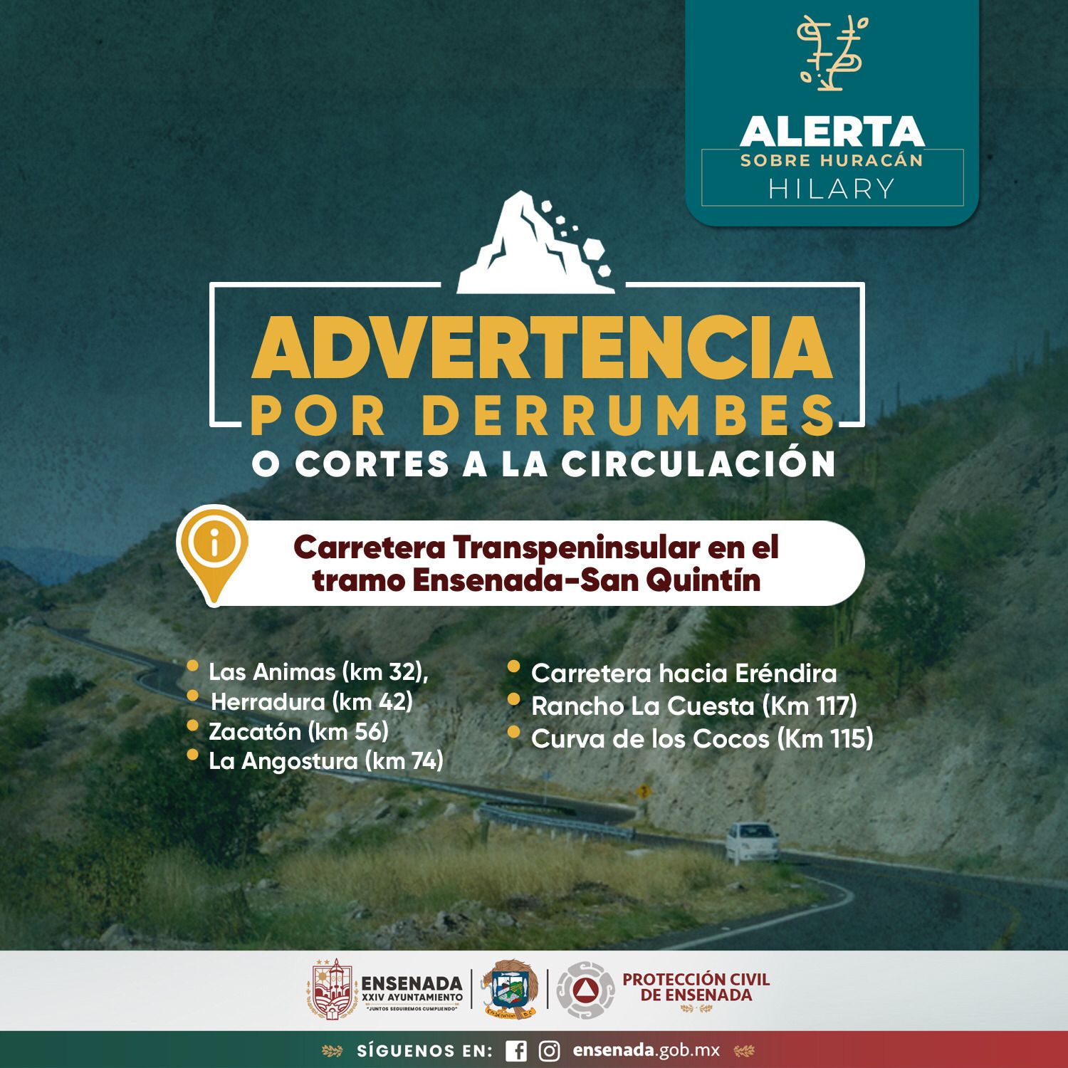 Atendieron incidentes por derrumbes en carreteras de Ensenada 