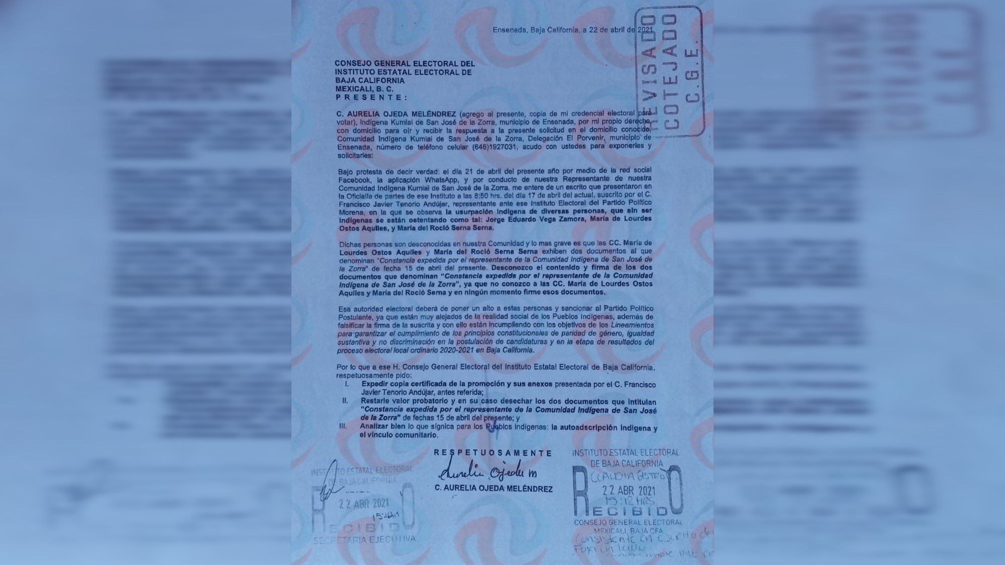 Mujer kumiai denuncia a candidatas por falsificación de firmas