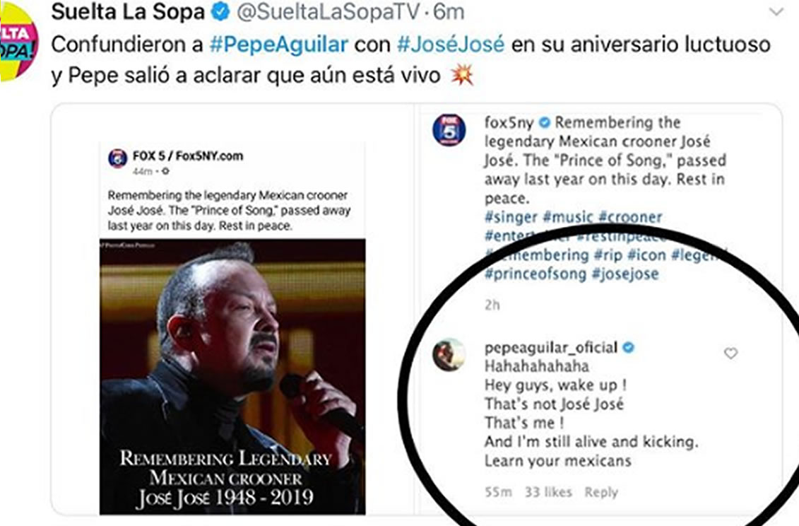 Así respondió Pepe Aguilar a noticiero que lo confundió con José José