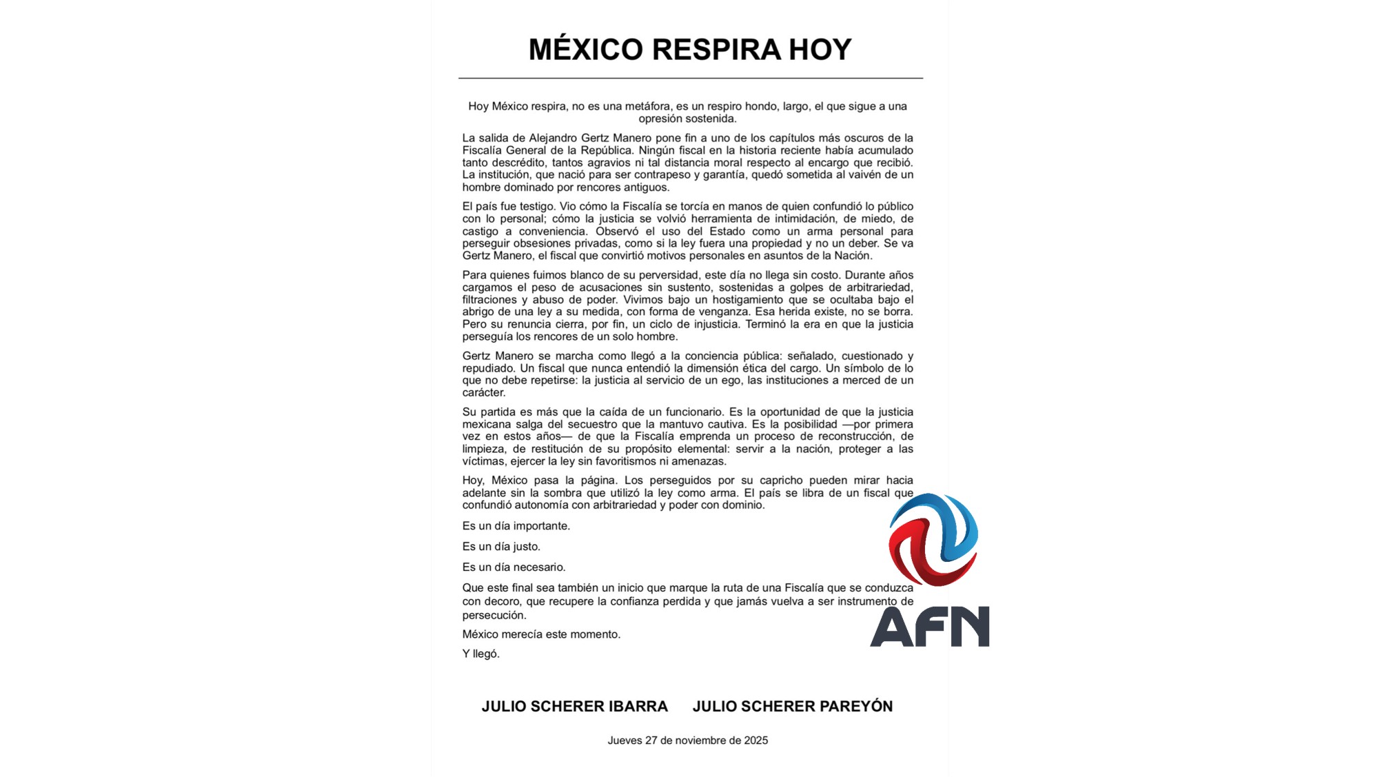 Se confirma salida de Gertz Manero a la FGR; va de embajador a un país amigo