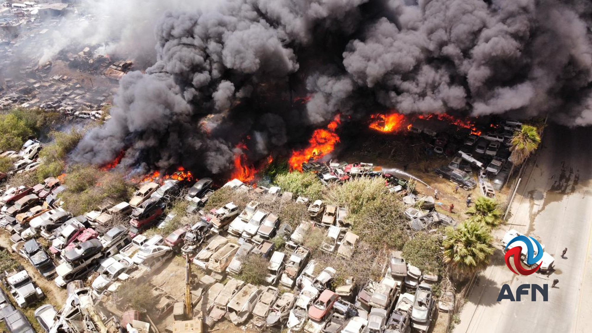 Fuerte incendio en yonke de Ensenada consume decenas de vehículos