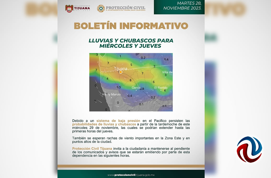 Hay pronóstico de lluvias para miércoles y jueves en Tijuana
