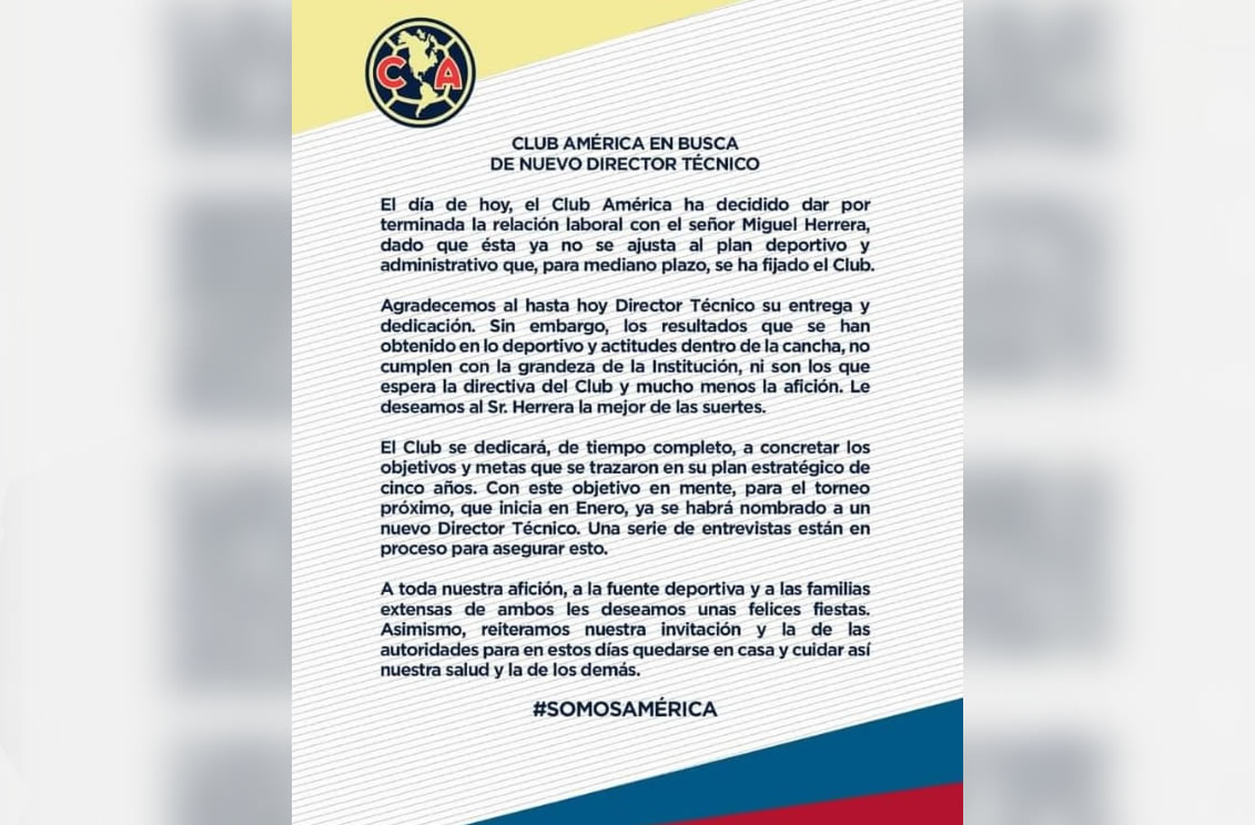 Club América despide al Piojo Miguel Herrera