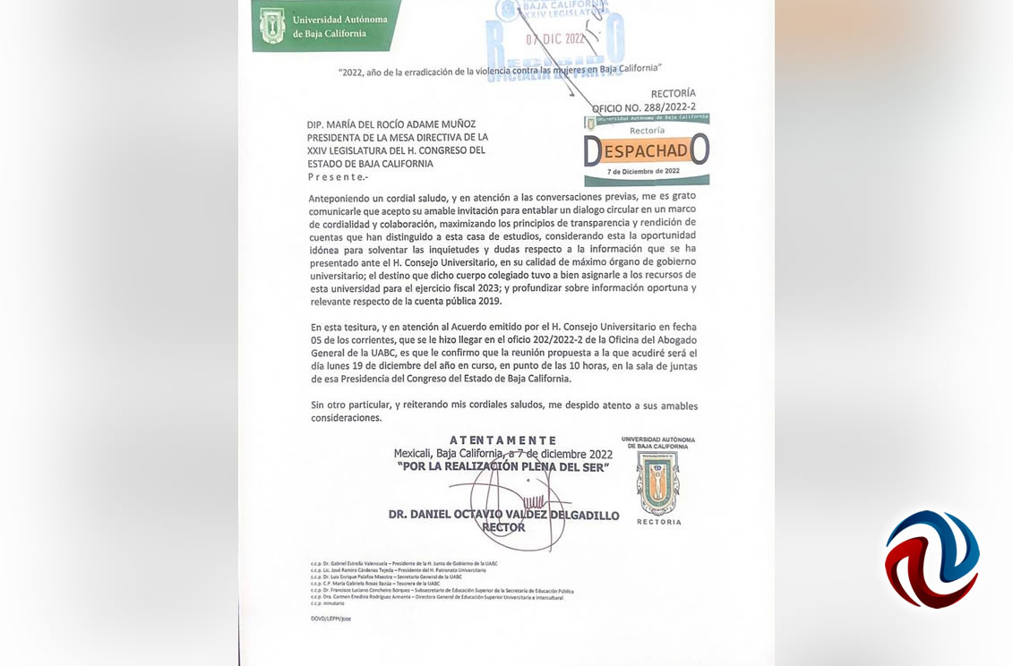 Notifica el Rector de la UABC que acudirá al Congreso local
