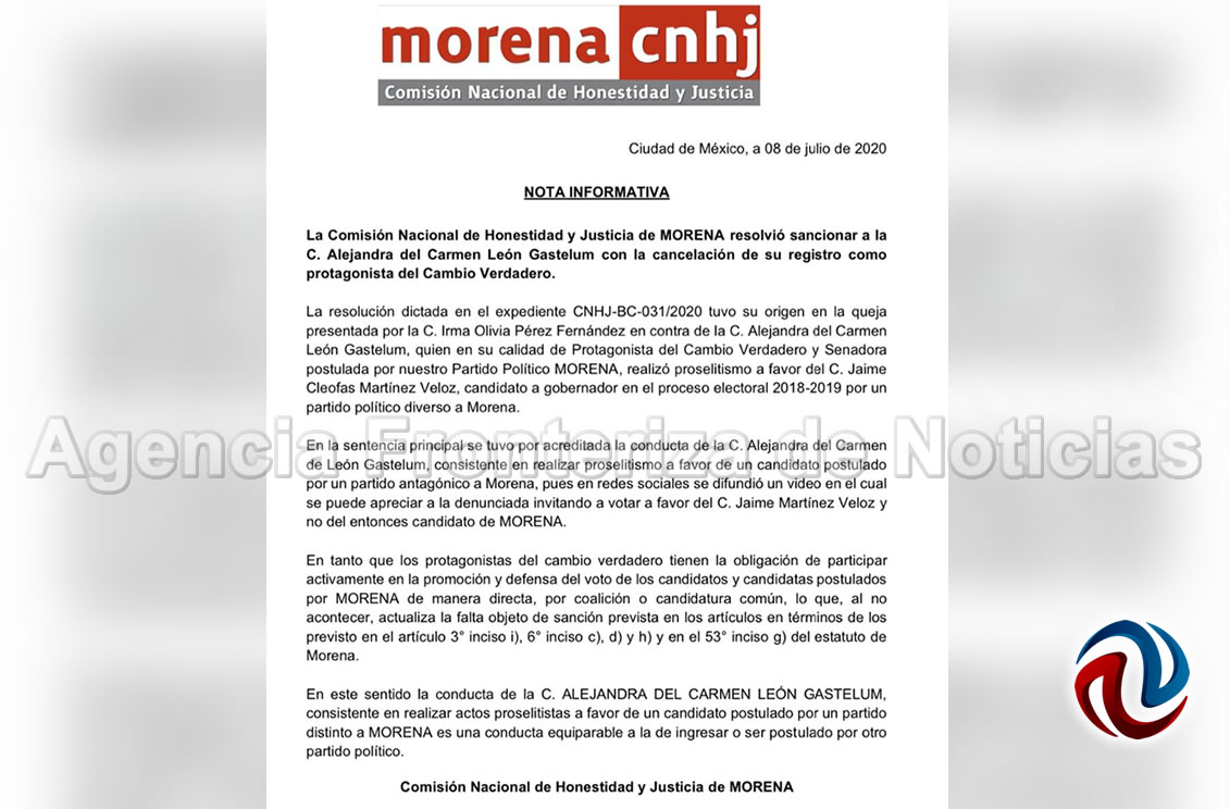 Cancela MORENA registro de Alejandra León 
