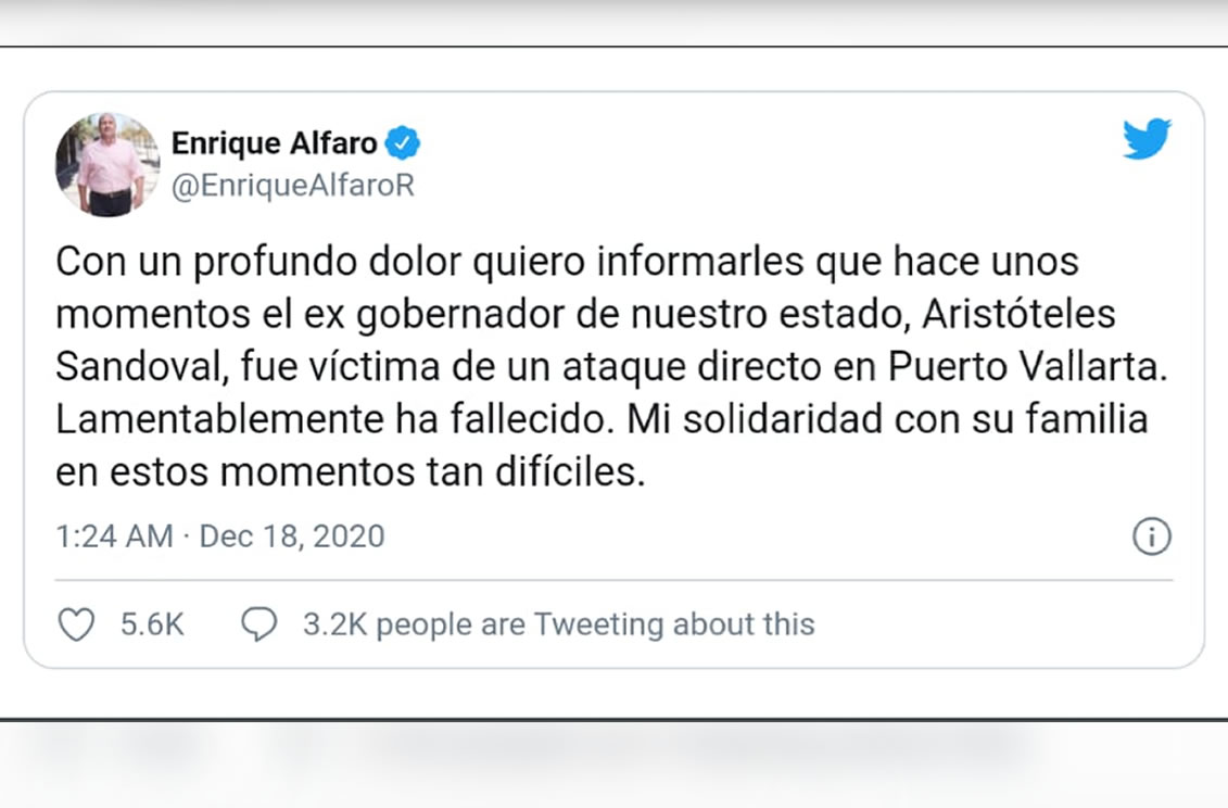 Asesinan a Aristóteles Sandoval; ofrece AMLO apoyo en investigación